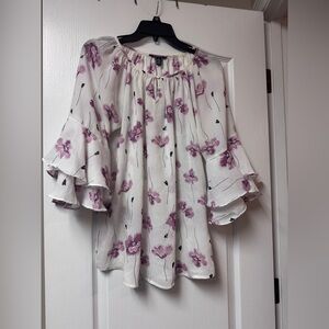 Chaps Pink and White Floral Blouse with Ruffle Sleeves